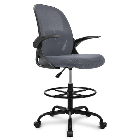 Primy Drafting Chair Tall Office Chair with Flip-up Armrests Executive Ergonomic Computer Standing Desk Chair with Lumbar Support and Adjustable Footrest Ring(Dark Gray)
