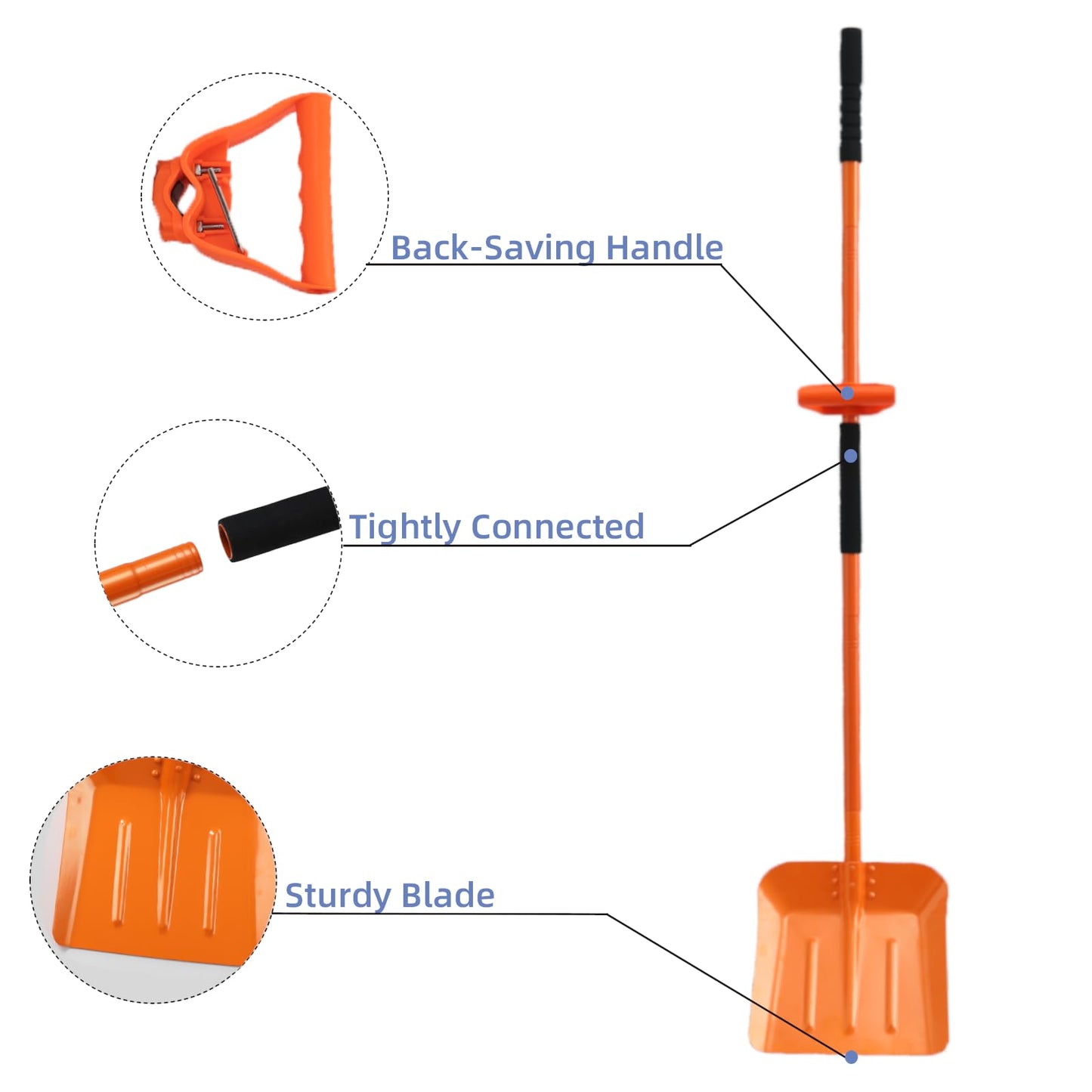 Snow Shovel for Driveway 69 Inch Portable Shovel with Back-Saving Tool Handle Adjustable Large Capacity Snow Shovel for Car Multifunctional Shovel for Cars Garden Farm, Orange