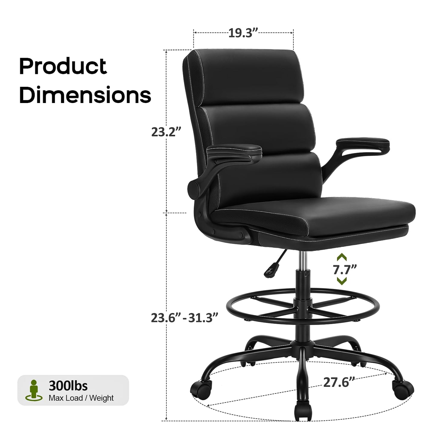 Drafting Chair Tall Office Chair with Padded Flip-up Armrests Executive Ergonomic Computer Standing Desk Chair with Comfortable Leather Backrest and Adjustable Footrest Ring (Black)