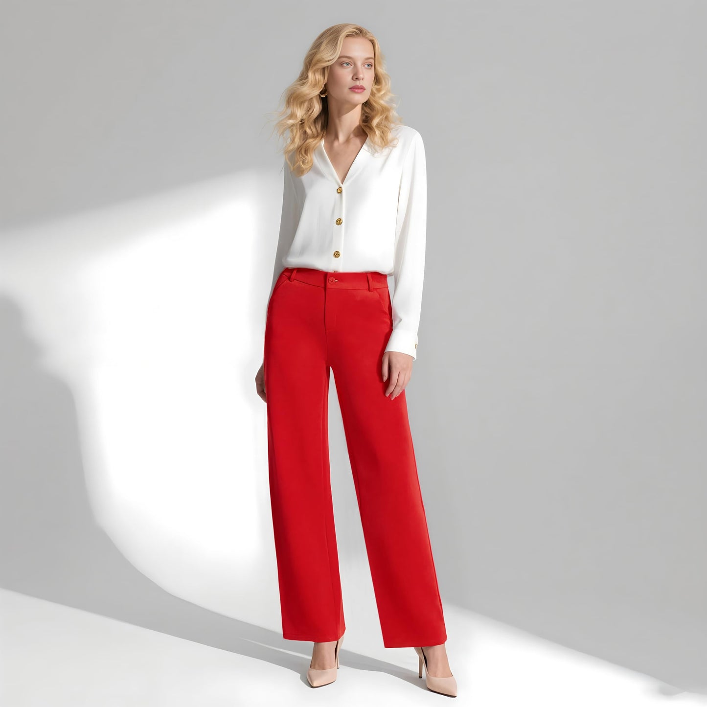 iChosy Womens High Waist Wide Straight Leg Trousers Casual Slacks Dress Pants with Pockets Red 12 ExtraTall