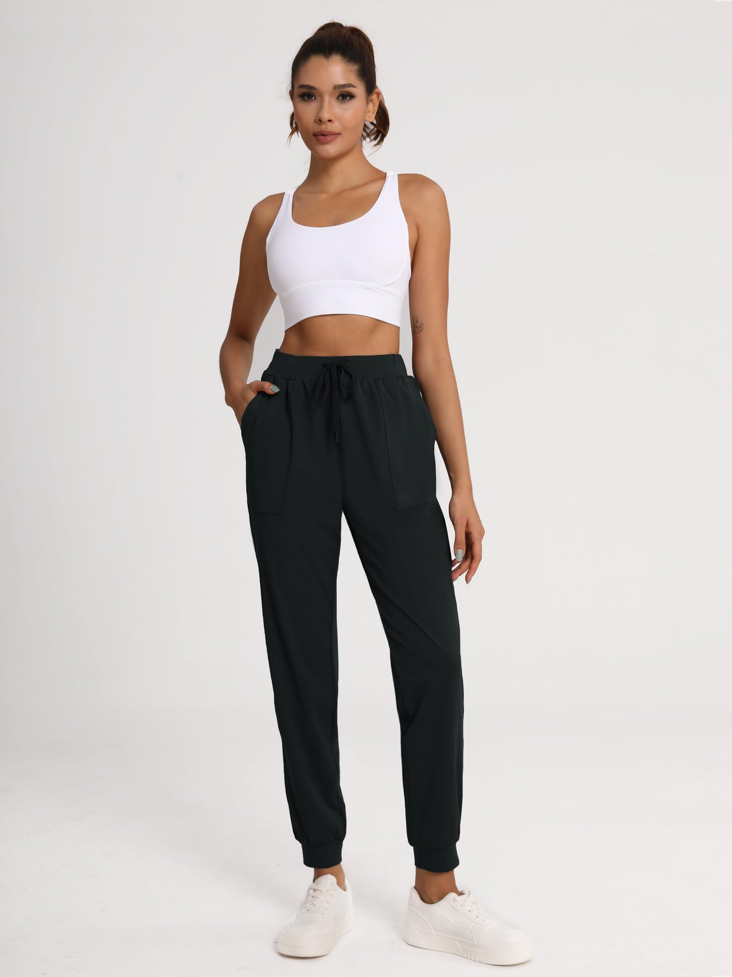 Tallemon Women's 37" Tall Inseam Joggers Running Sweatpants Pockets Tapered Athletic Workout Lounge Pants Black, L