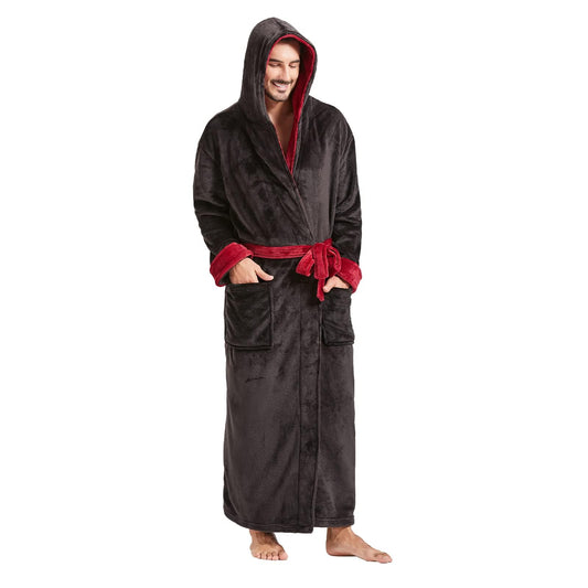 FashGudim Mens Robes Big and Tall with Hood Two-Tone Flannel Fleece Contrast Bathrobe Full Length Plush Long Robe Warm House Coat (Black & Burgundy, S/M)