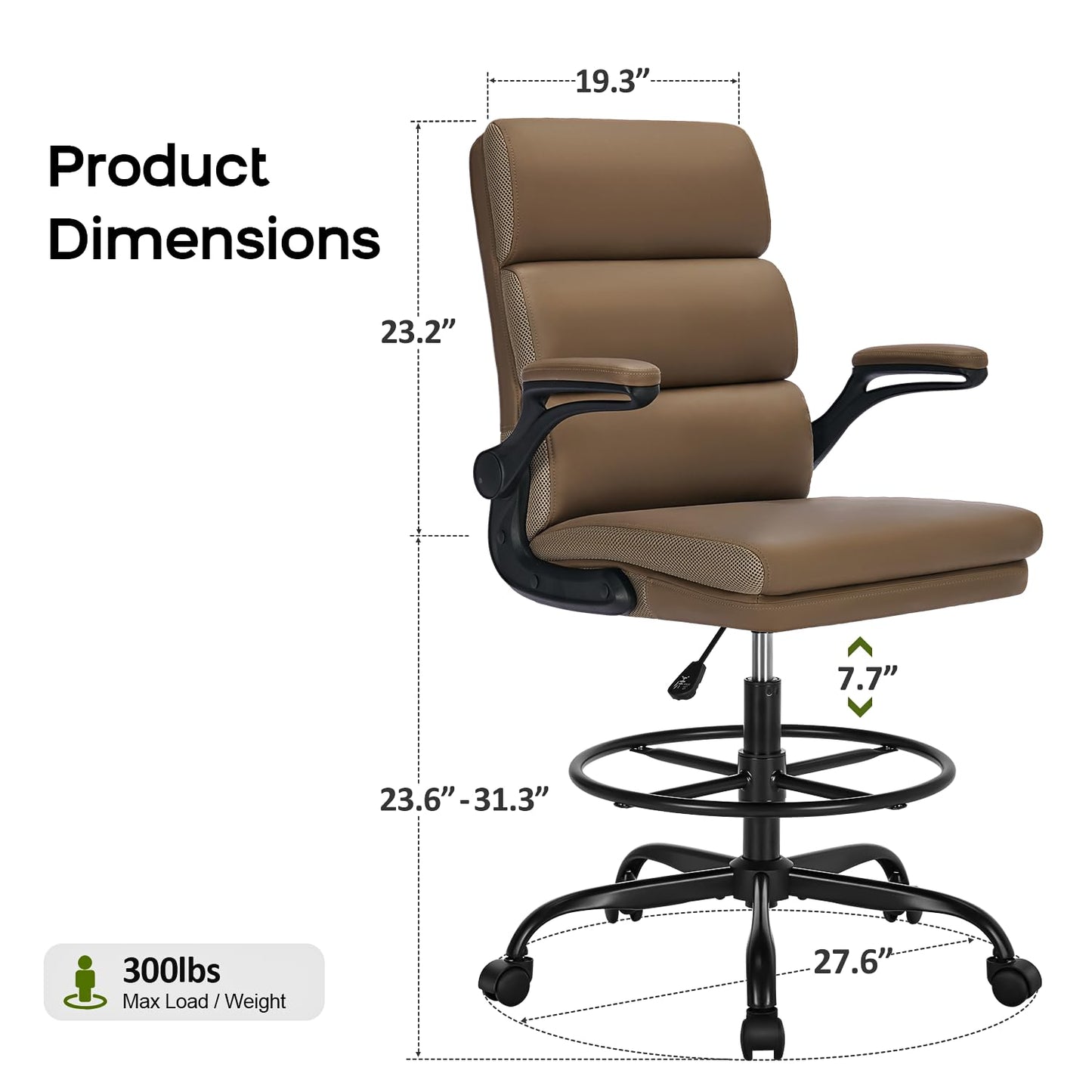 Drafting Chair Tall Office Chair with Padded Flip-up Armrests Executive Ergonomic Computer Standing Desk Chair with Comfortable Leather Backrest and Adjustable Footrest Ring (Tan)