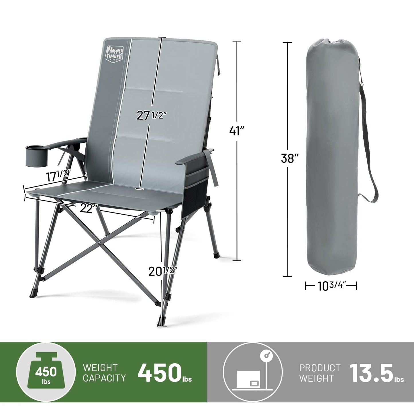 TIMBER RIDGE Oversized Camping Chair with Lumbar Support, Portable Folding Chair Heavy Duty for Adults Supports 450 LBS for Outdoor Camping, Lawn, with High Back, Cup Holder, Side Pocket - Grey