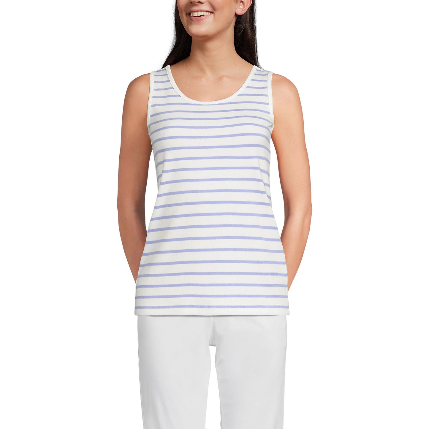 Lands' End Womens Cotton Tank Top Ivory/Periwinkle Breton Stripe Tall Medium