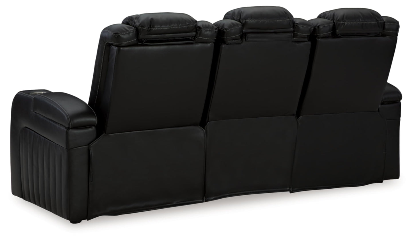Signature Design by Ashley Caveman Den Modern Faux Leather Power Reclining Sofa with Adjustable Headrest, Drop Down Table, Electrical Outlets and LED Reading Lights, Black