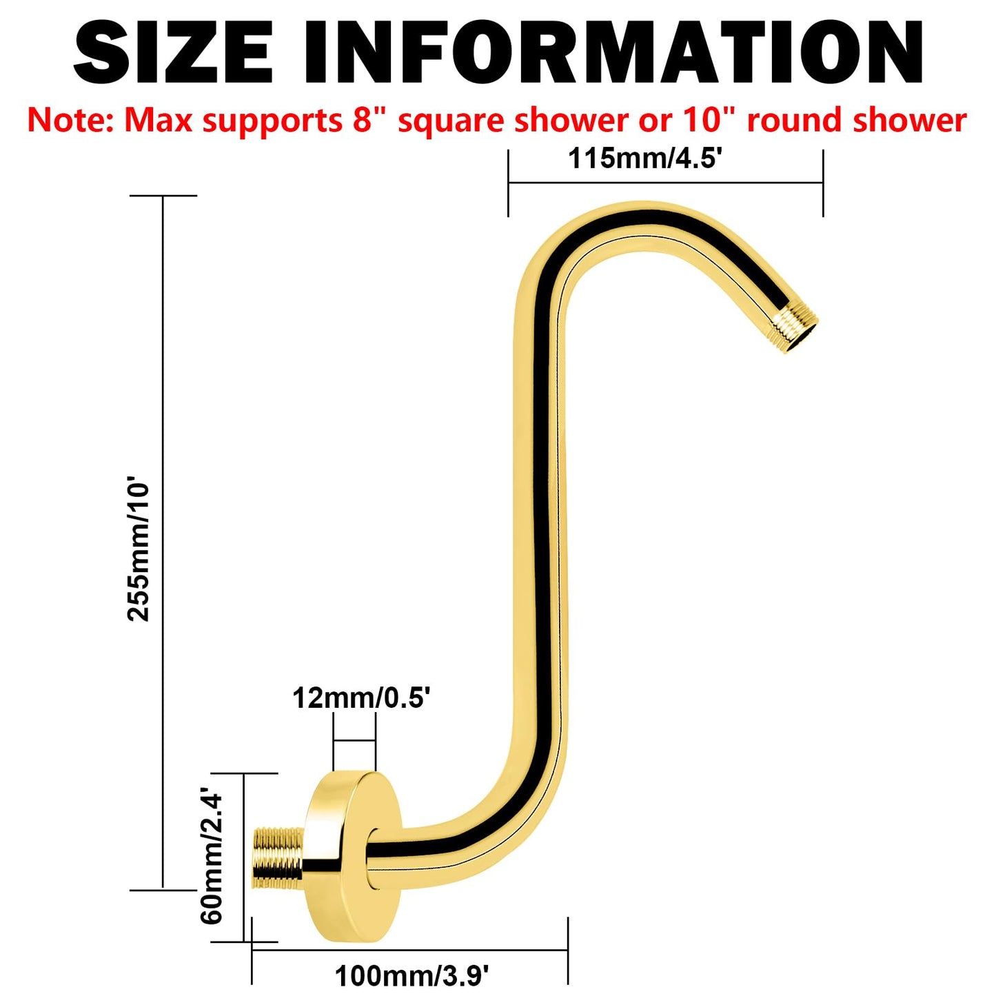 NearMoon S Shaped Shower Head Riser Pipe, Shower Extender Arm with Flange, Standard 1/2" Connection- Bathroom Accessory, 10 Inch (1 Pack,Chrome Gold)