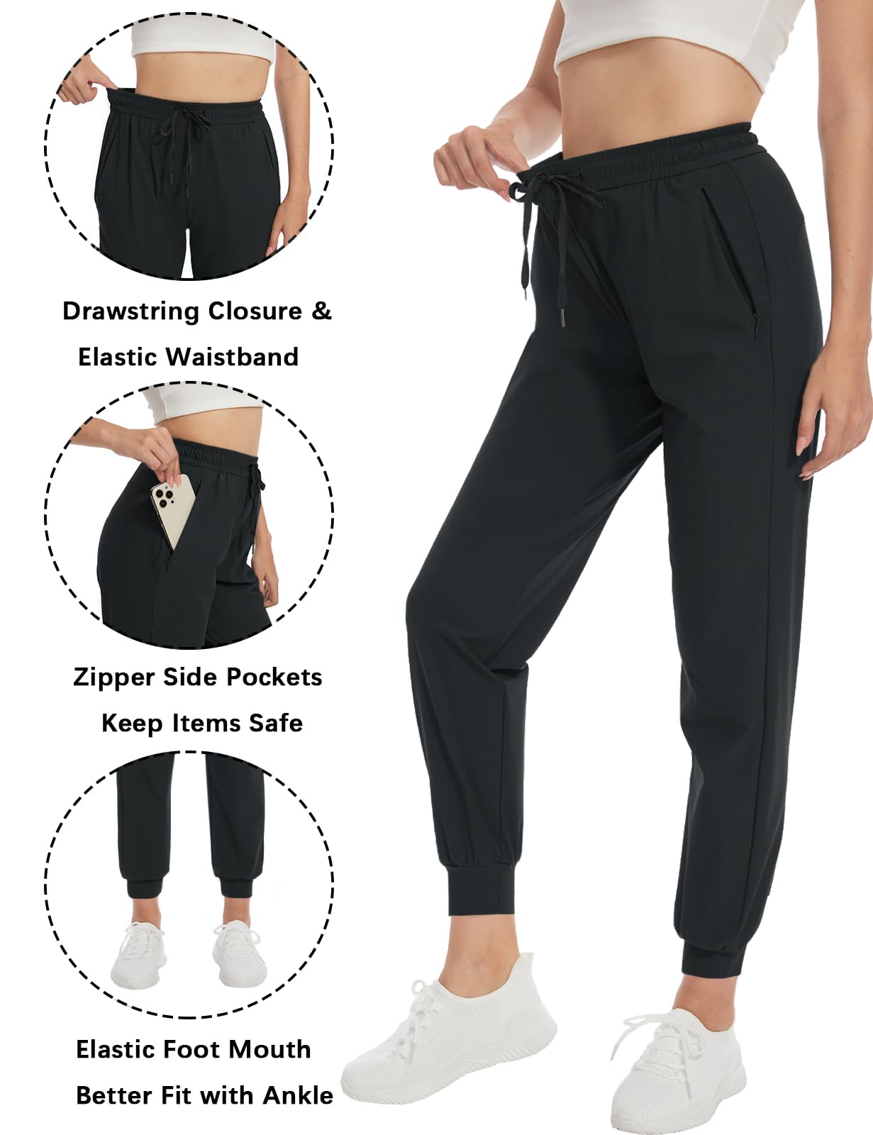 SEVEGO Women's 36" Tall Inseam Joggers Lightweight Sweatpants Zipper Pockets Athletic Workout Lounge Pants Black, M