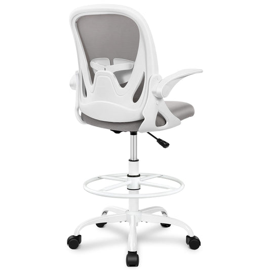 Primy Ergonomic Drafting Chair with Flip-up Armrests Tall Office Chair for Standing Desk Comfortable Desk Chair with Adjustable Footrest Ring and Lumbar Support in Gray Perfect for Home and Office Use