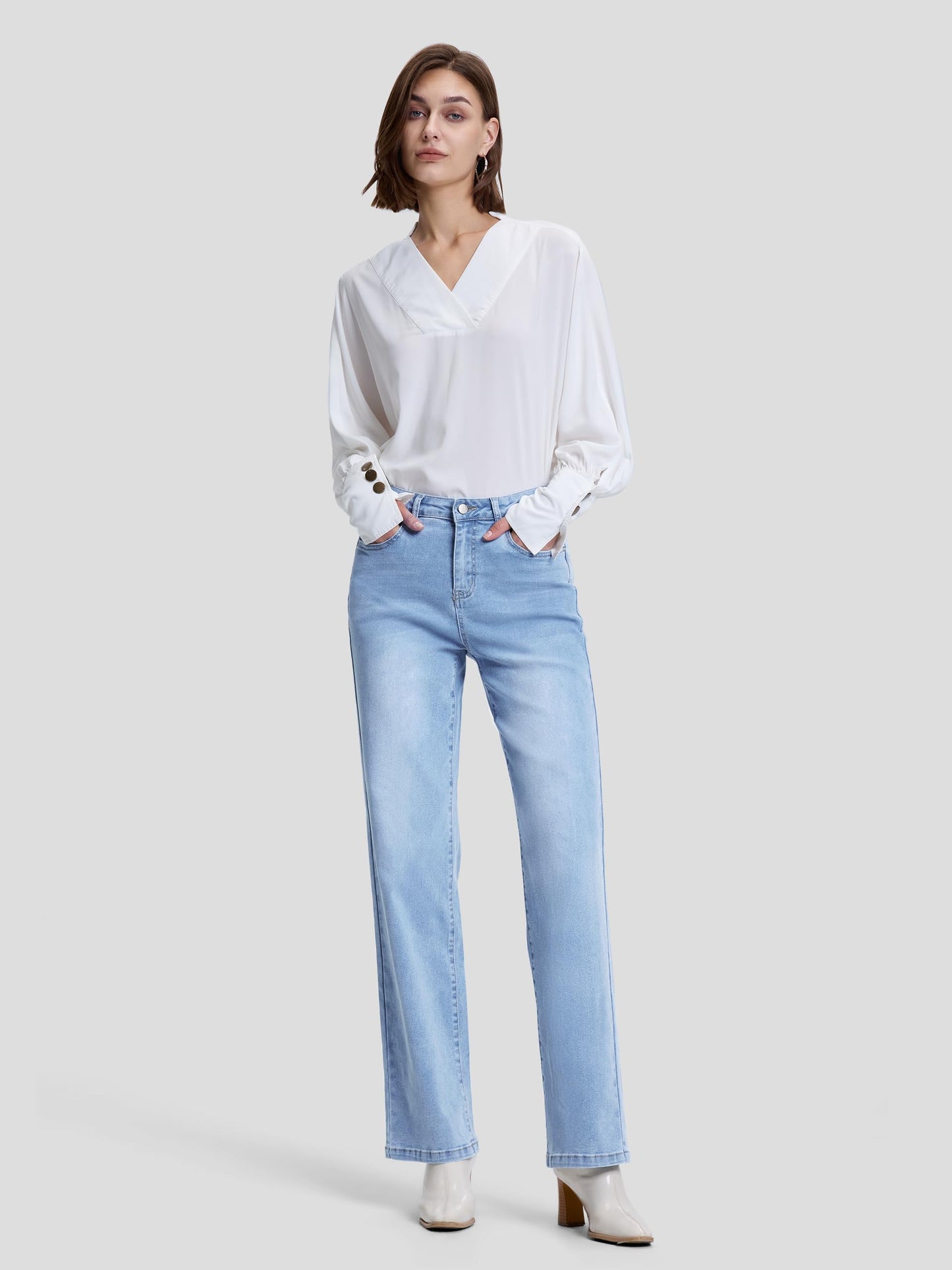 SEVEGO Women's 32"/34"/36" Tall Straight Leg Jeans Mid Waisted Stretchy Loose Denim Pants Casual Baggy Jean Trousers 32'', Light Blue, L