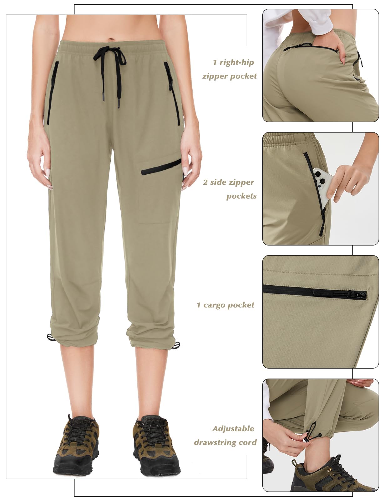 SEVEGO Womens Hiking Pants Tall Inseam 34" Athletic Cargo Pants Lightweight 4 Zipper Pockets Water Resistant Elastic Waist, Khaki, M