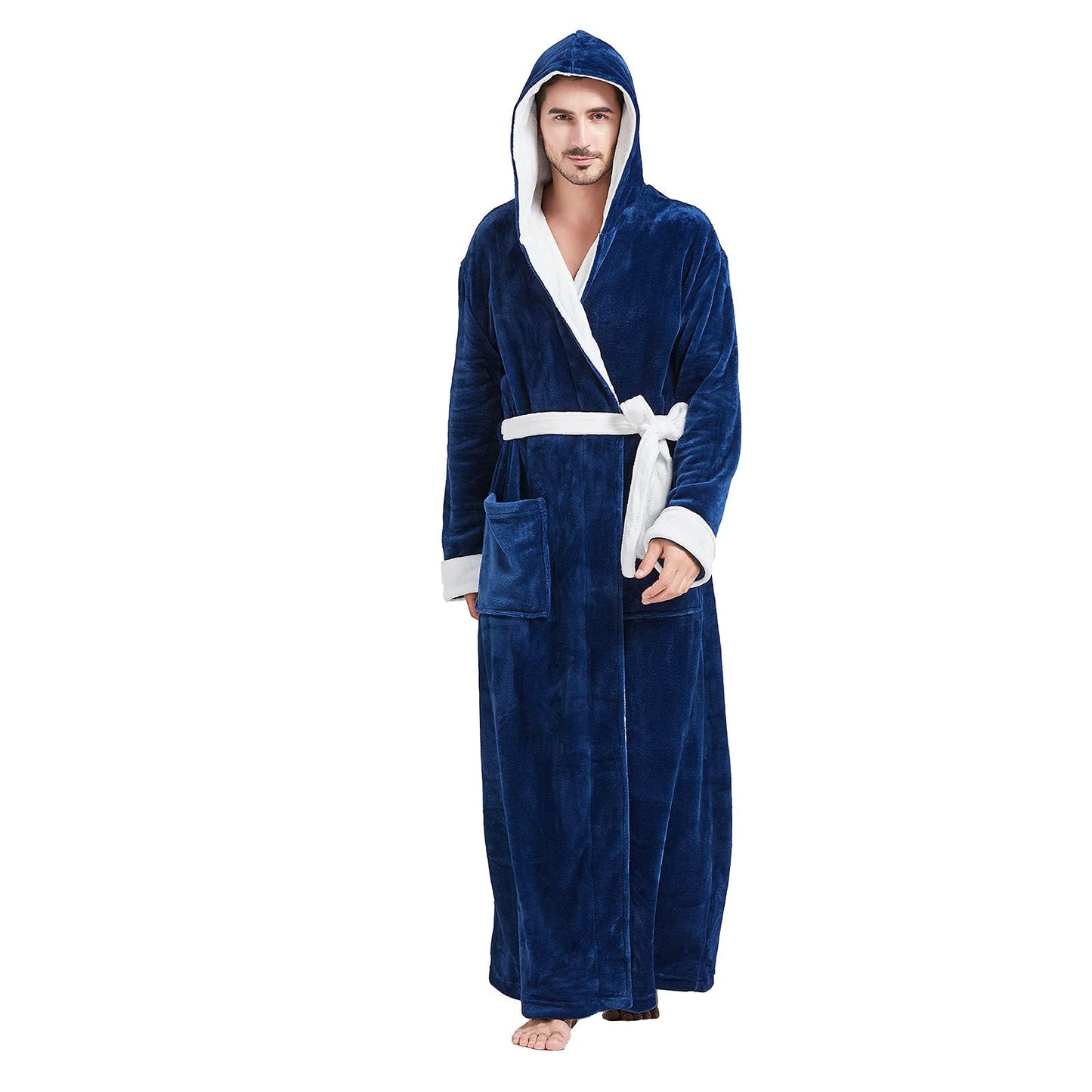 FashGudim Mens Robes Big and Tall with Hood Two-Tone Flannel Fleece Contrast Bathrobe Full Length Plush Long Robe Warm House Coat (Navy & White, 6XL)