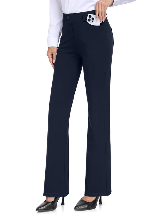 Tallemon Tall Womens Extra Long 38" Inseam Flared Dress Pants with Pockets Stretchy Work Utility Formal Slack, Navy Blue, XL