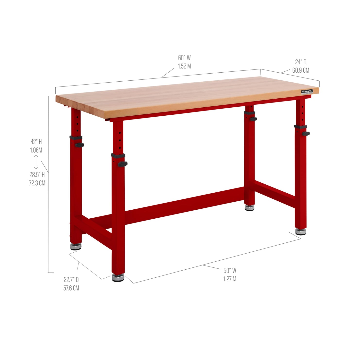 Seville Classics UltraHD Heavy Duty Workbench Table w/Solid Wood Top, 1000 lbs. Weight Capacity Workstation for Garage, Warehouse, Workshop, Red, 60" W x 24" D x 28.5" to 42" H Desktop