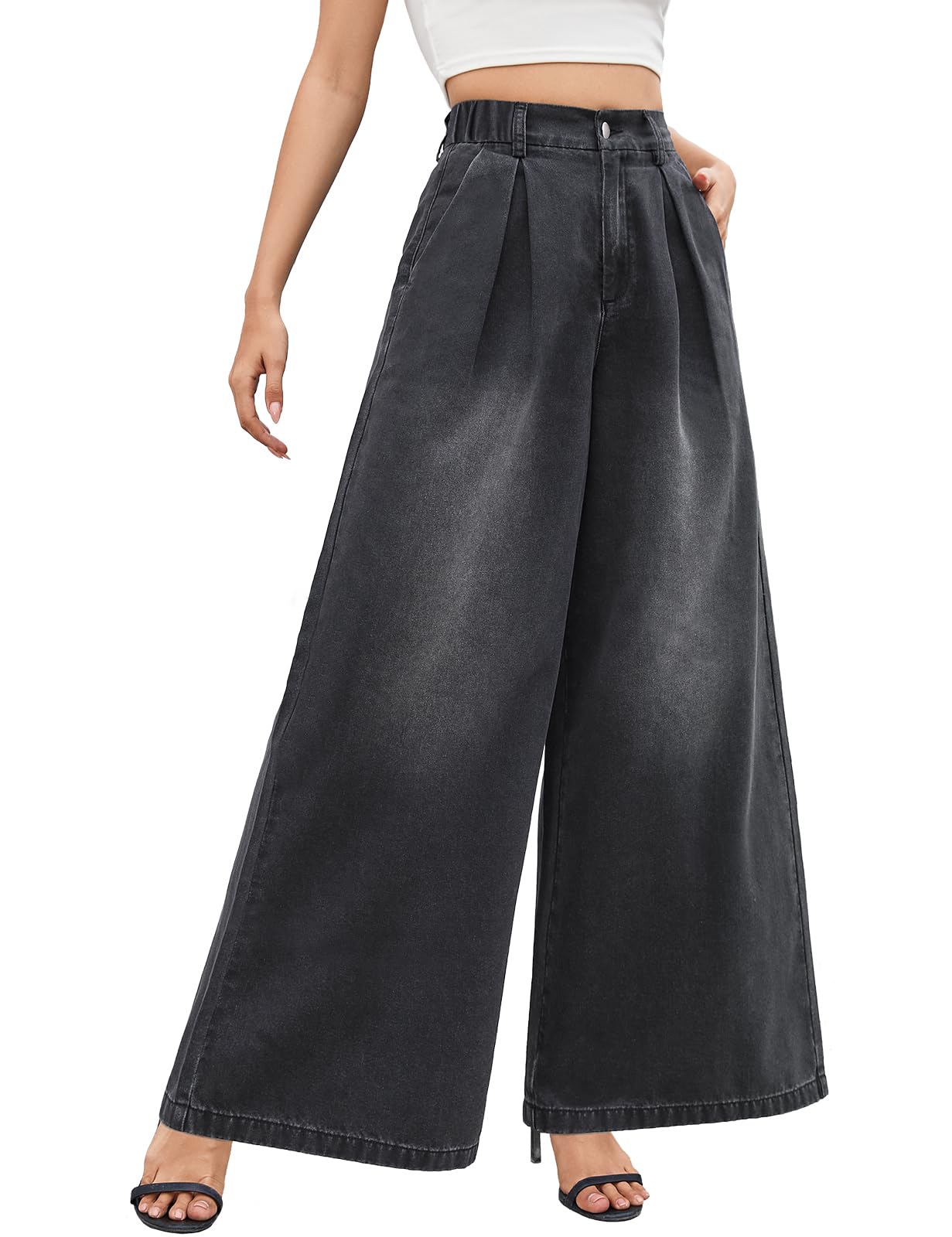 Tapata Women's 33" Inseam Tall Wide Leg Jeans High Waisted Baggy Denim Pants Palazzo Trousers, Black, XL