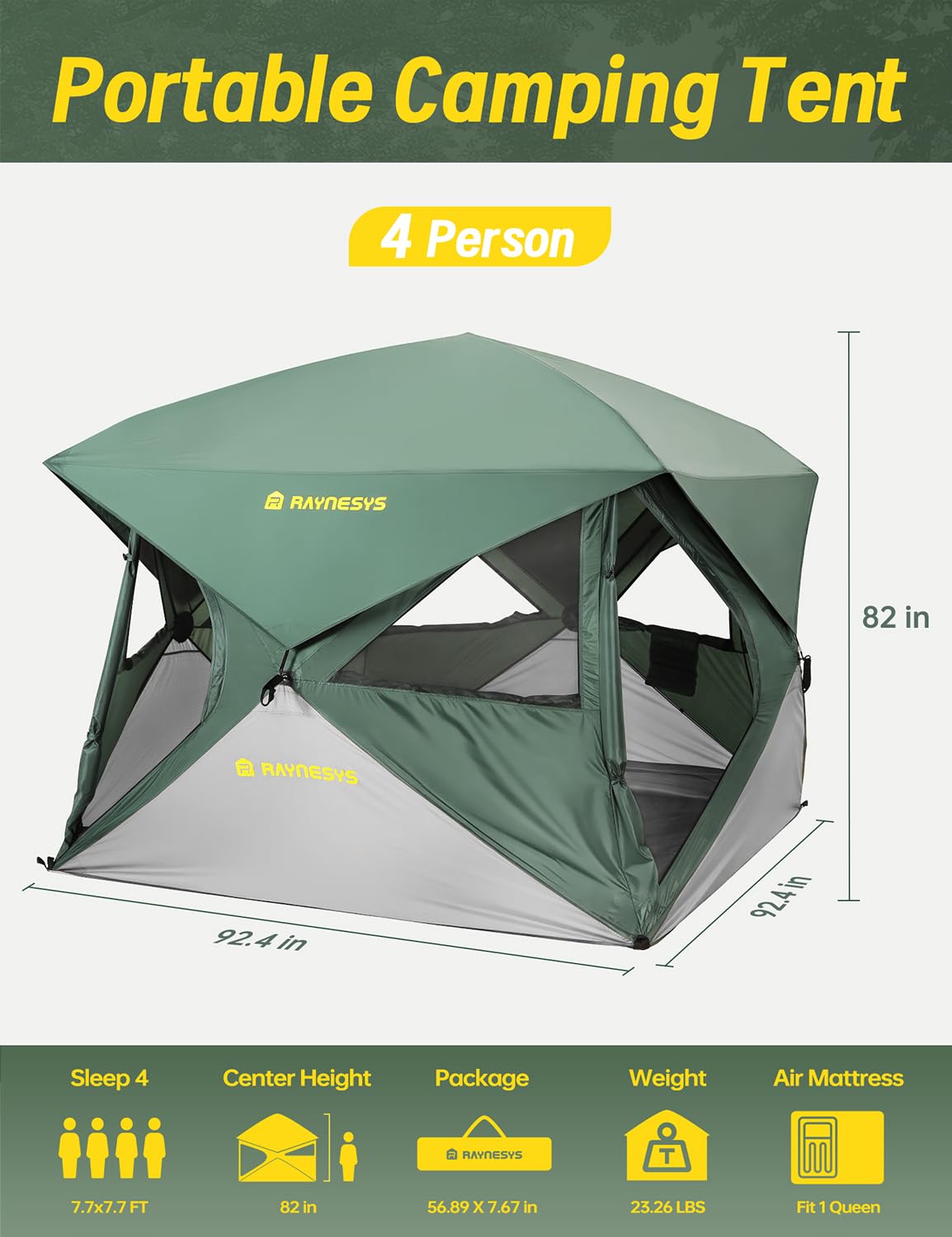 Camping Tent for 4 Person, Pop up Tents, 4 Person Tent for Camping, Setup in 60 Seconds, Water-Resistant Windproof Hub Tents, Portable Instant Cabin with Removable Floor