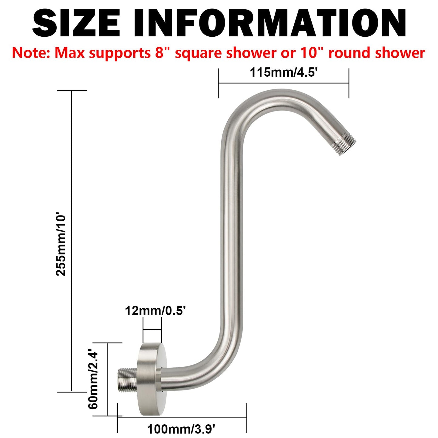 NearMoon S Shaped Shower Head Riser Pipe, Shower Extender Arm with Flange, Standard 1/2" Connection- Bathroom Accessory, 10 Inch (1 Pack, Brushed Nickel)