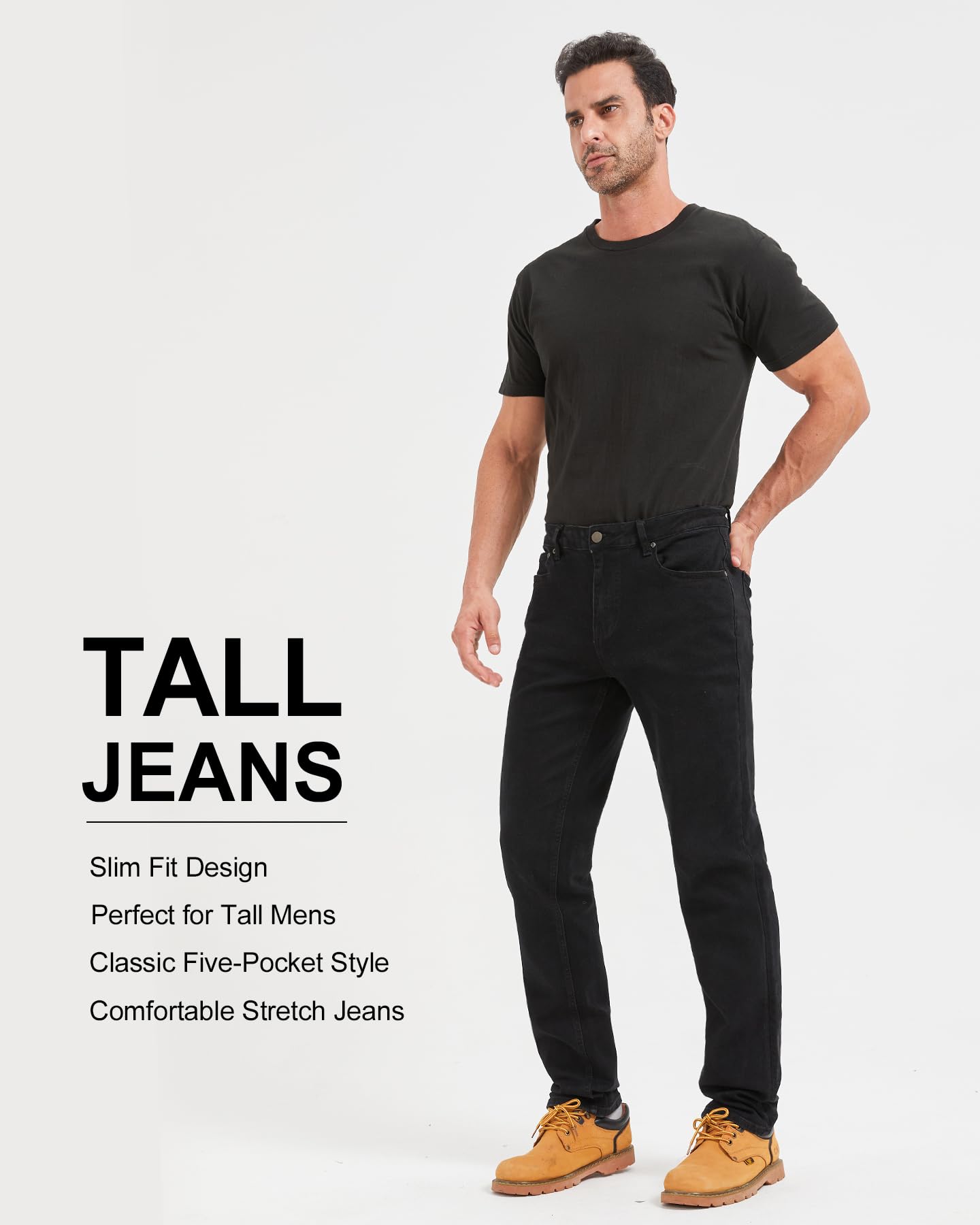 Zylioo 36,34 Inseam Mens Extra Tall Jeans, Tall Size Stretch Slim Fit Denim Pants with 5 Pocket Black