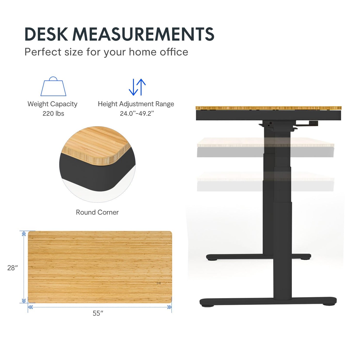 SANODESK Standing Desk with Drawer,Dual Motor 3 Stage Electric Height Adjustable Home Office Desk with Storage & Wireless Charging, 55 inch Bamboo Tabletop/Black Frame - 49.2" Max Height
