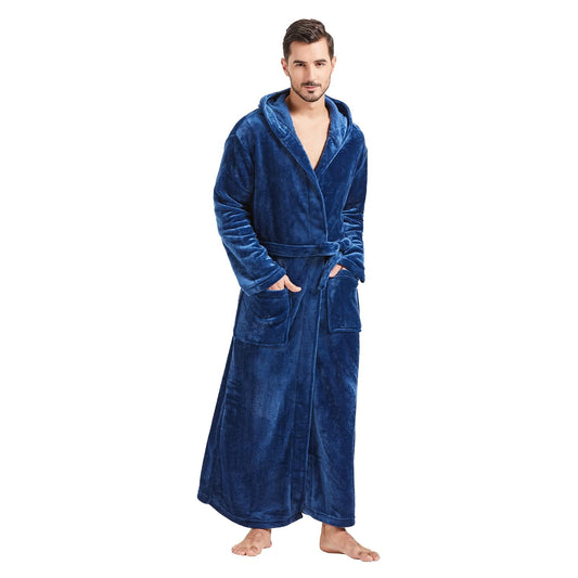 FashGudim Mens Robes Big and Tall with Hood Flannel Fleece Men Bathrobe with Hood Full Length Plush Long Robe Warm House Robe (Navy, XXL)