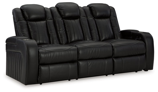 Signature Design by Ashley Caveman Den Modern Faux Leather Power Reclining Sofa with Adjustable Headrest, Drop Down Table, Electrical Outlets and LED Reading Lights, Black