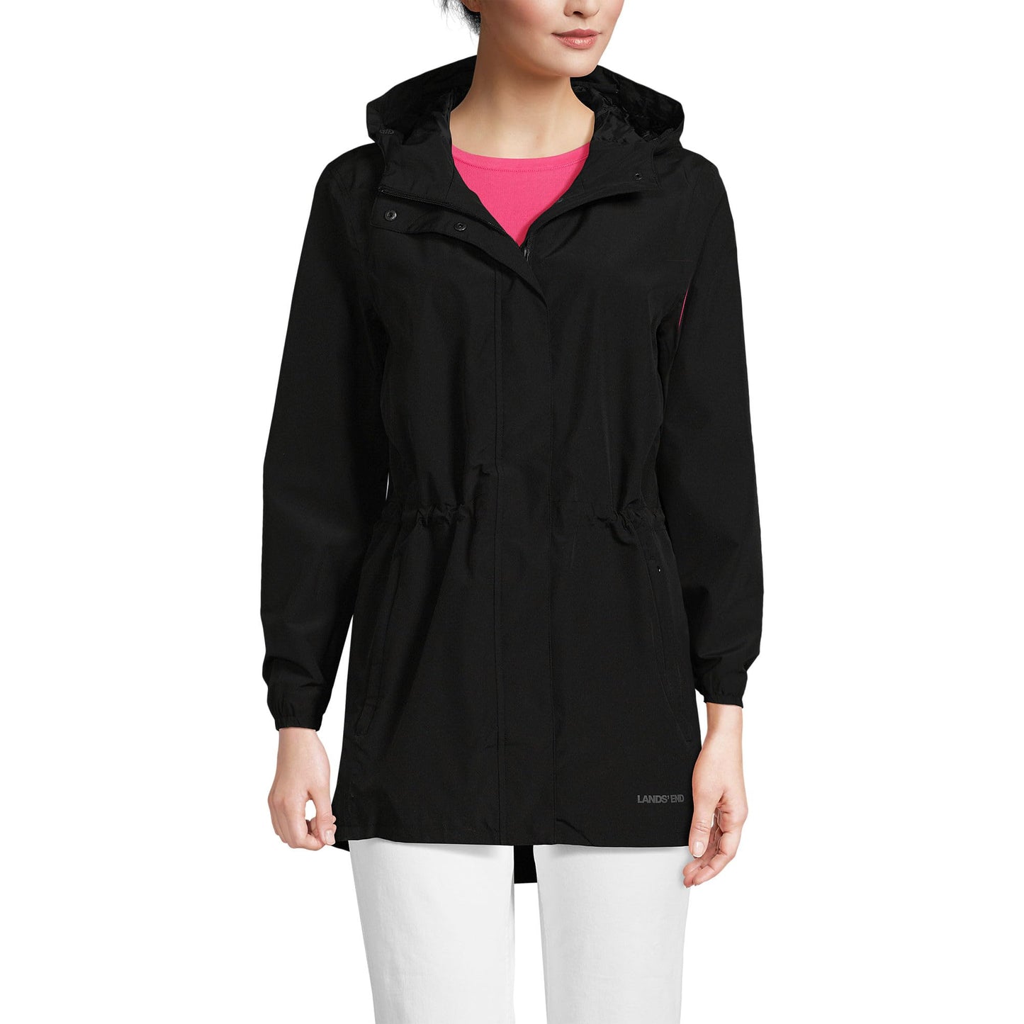 Lands' End Womens Packable Waterproof Raincoat Black Tall Medium