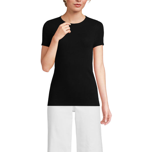 Lands' End Womens Short Sleeve Micro Rib Crew Black Tall Small