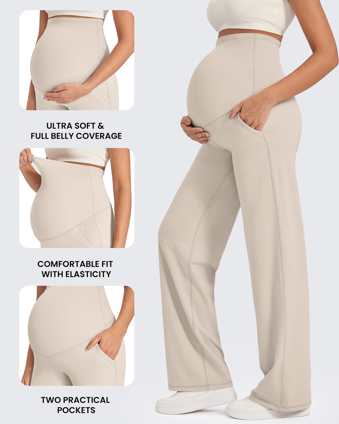 G4Free Maternity Clothes Wide Leg Outfits Pregnancy Dress Work Pants High Waist Yoga Pants with Pockets Winter Trousers(Light Khaki,L,32")