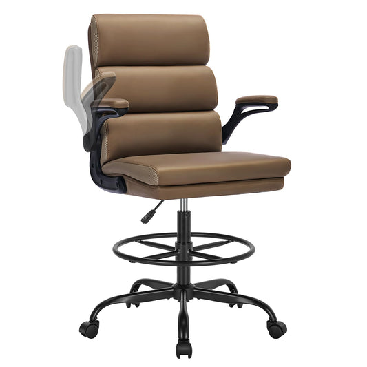 Drafting Chair Tall Office Chair with Padded Flip-up Armrests Executive Ergonomic Computer Standing Desk Chair with Comfortable Leather Backrest and Adjustable Footrest Ring (Tan)