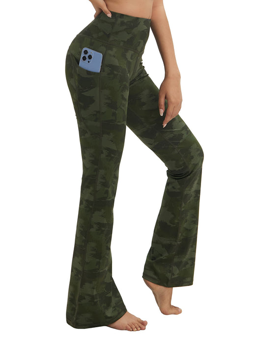 BUBBLELIME 29"/31"/33"/35" 4 Styles Women's Tummy Control Bootcut Yoga Pants - Side Pockets_Green BRUSHCAMO L-37 Inseam