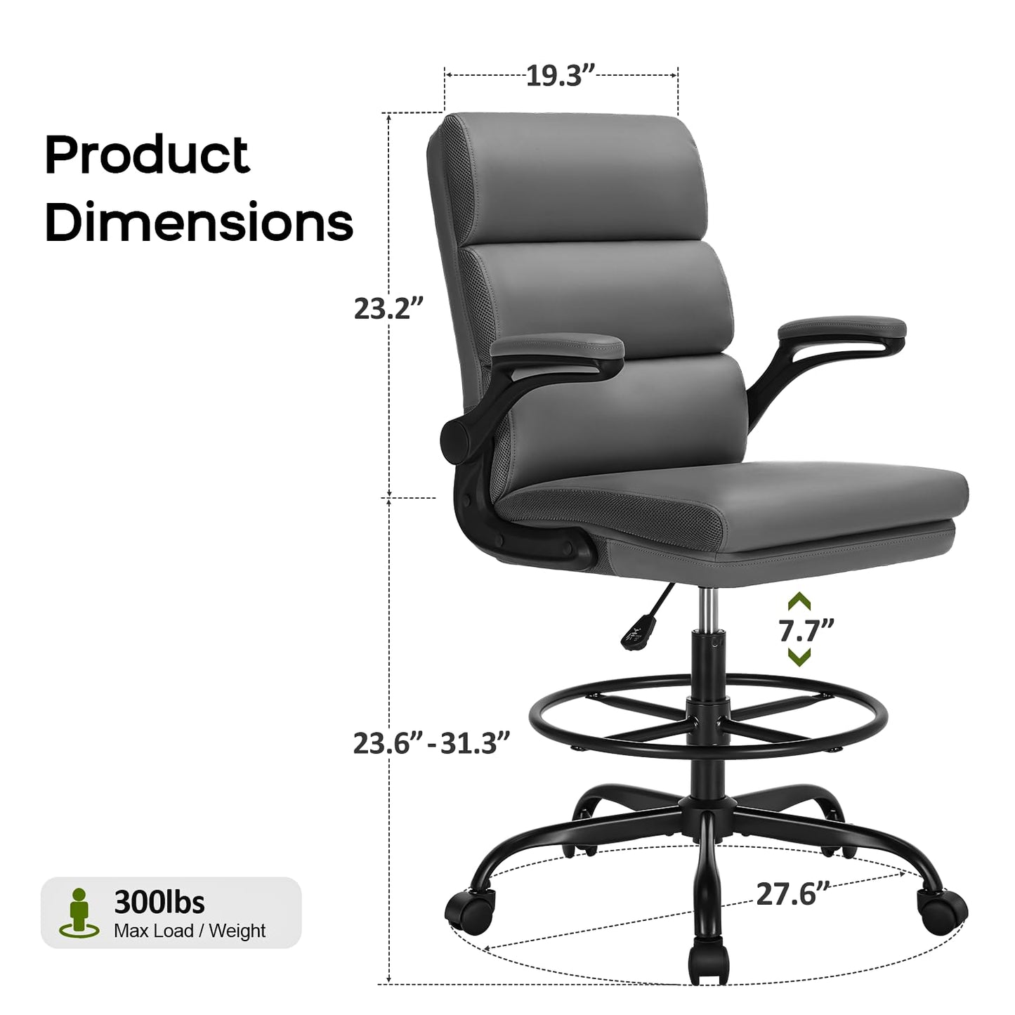 Drafting Chair Tall Office Chair with Padded Flip-up Armrests Executive Ergonomic Computer Standing Desk Chair with Comfortable Leather Backrest and Adjustable Footrest Ring (Gray)