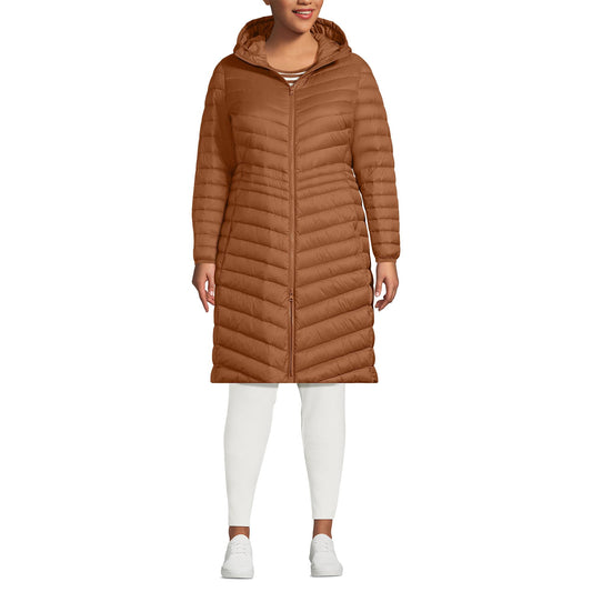 Lands' End Womens Packable Chevron Wanderweight Down Coat Rich Ginger Brown Tall Medium