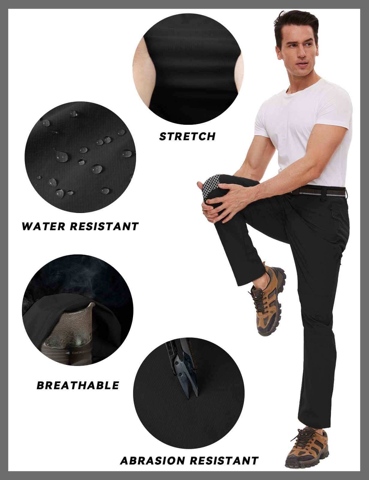 SEVEGO 30"/32"/34"/36" Inseam Men's Tall Hiking Pants Quick Dry Outdoor Waterproof Fishing Cargo Pants with Belt 5 Pockets 38" Black XXL