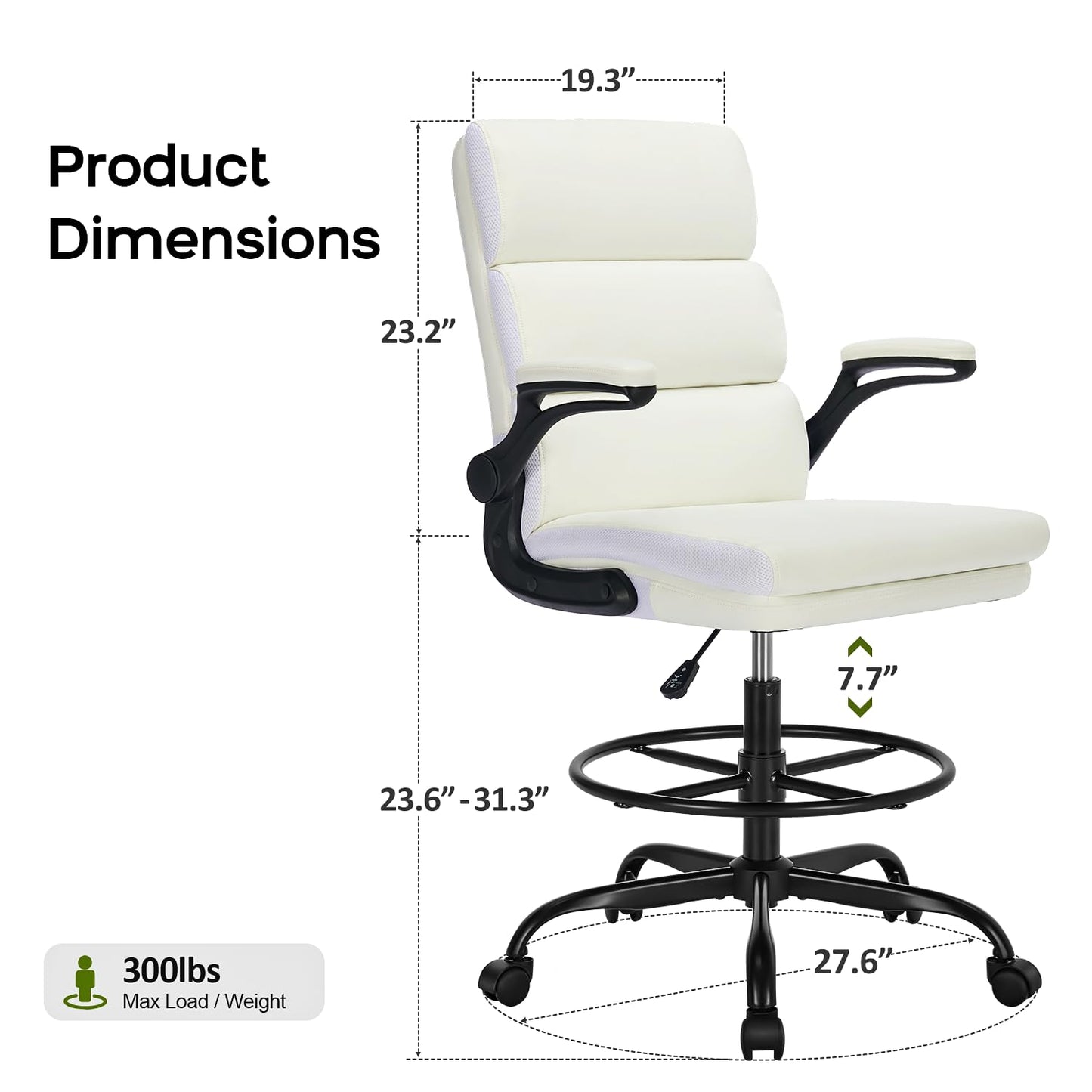 Drafting Chair Tall Office Chair with Padded Flip-up Armrests Executive Ergonomic Computer Standing Desk Chair with Comfortable Leather Backrest and Adjustable Footrest Ring (White)