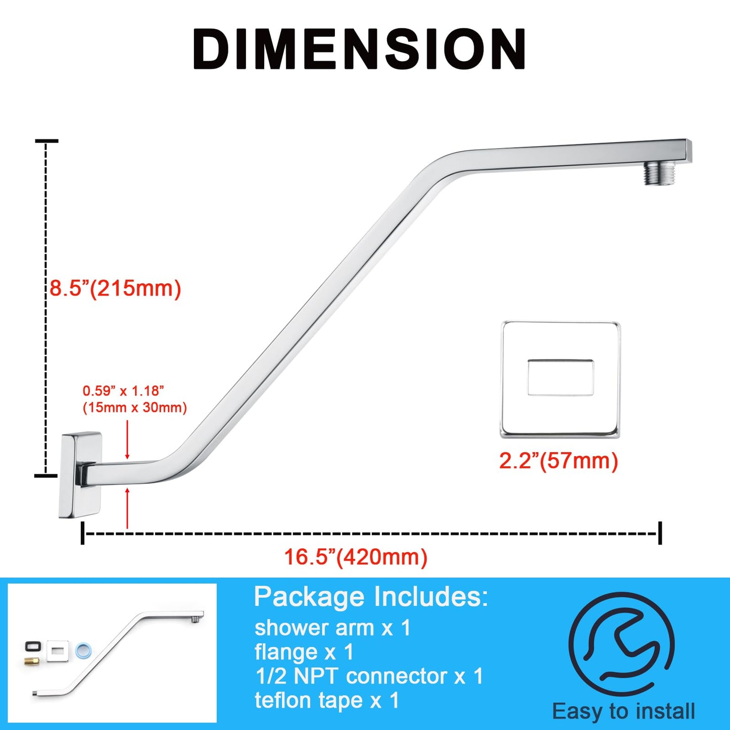 Square Shower Head Extension Arm with Flange 16.5 Inch Extra Long S Shaped Shower Head Riser Pipe, Uvish Stainless Steel High Rise Goose Neck Shower Extender, Standard 1/2" Connection, White