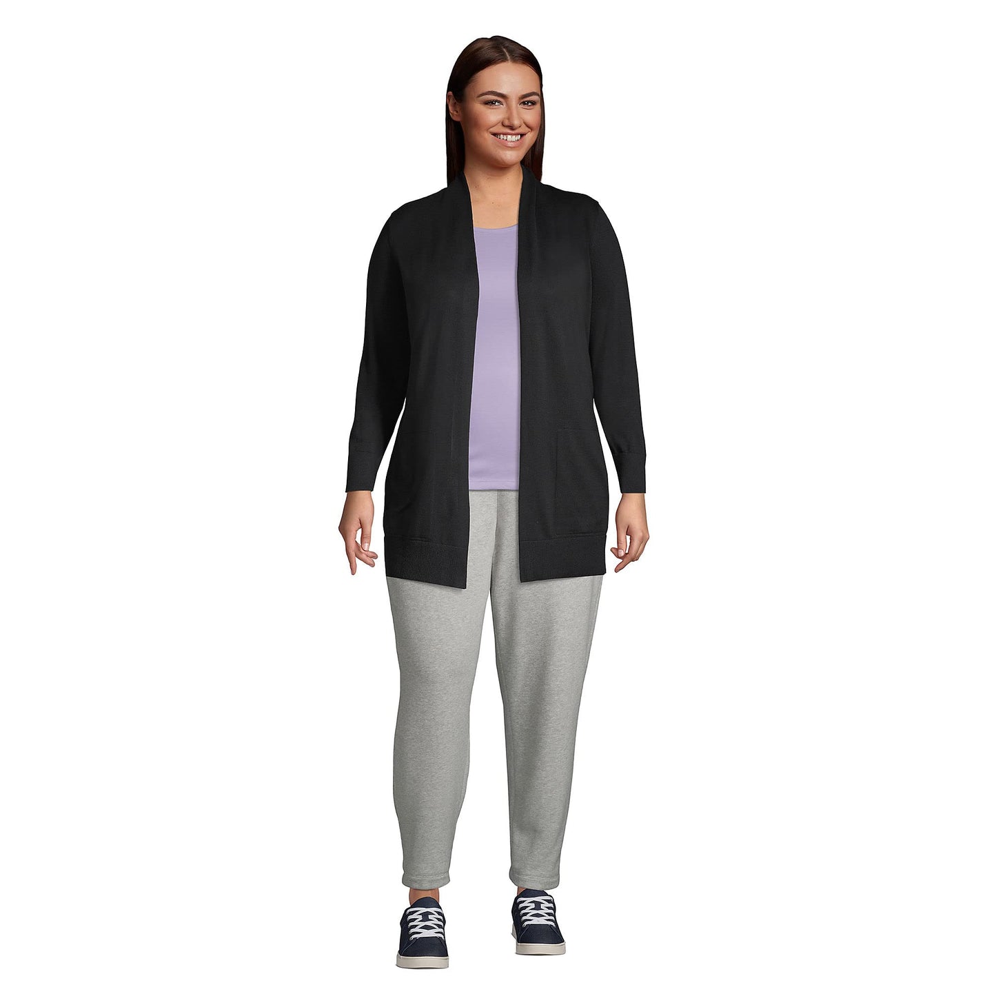 Lands' End Womens Cotton Long Sleeve Open Cardigan Sweater Black Tall Large