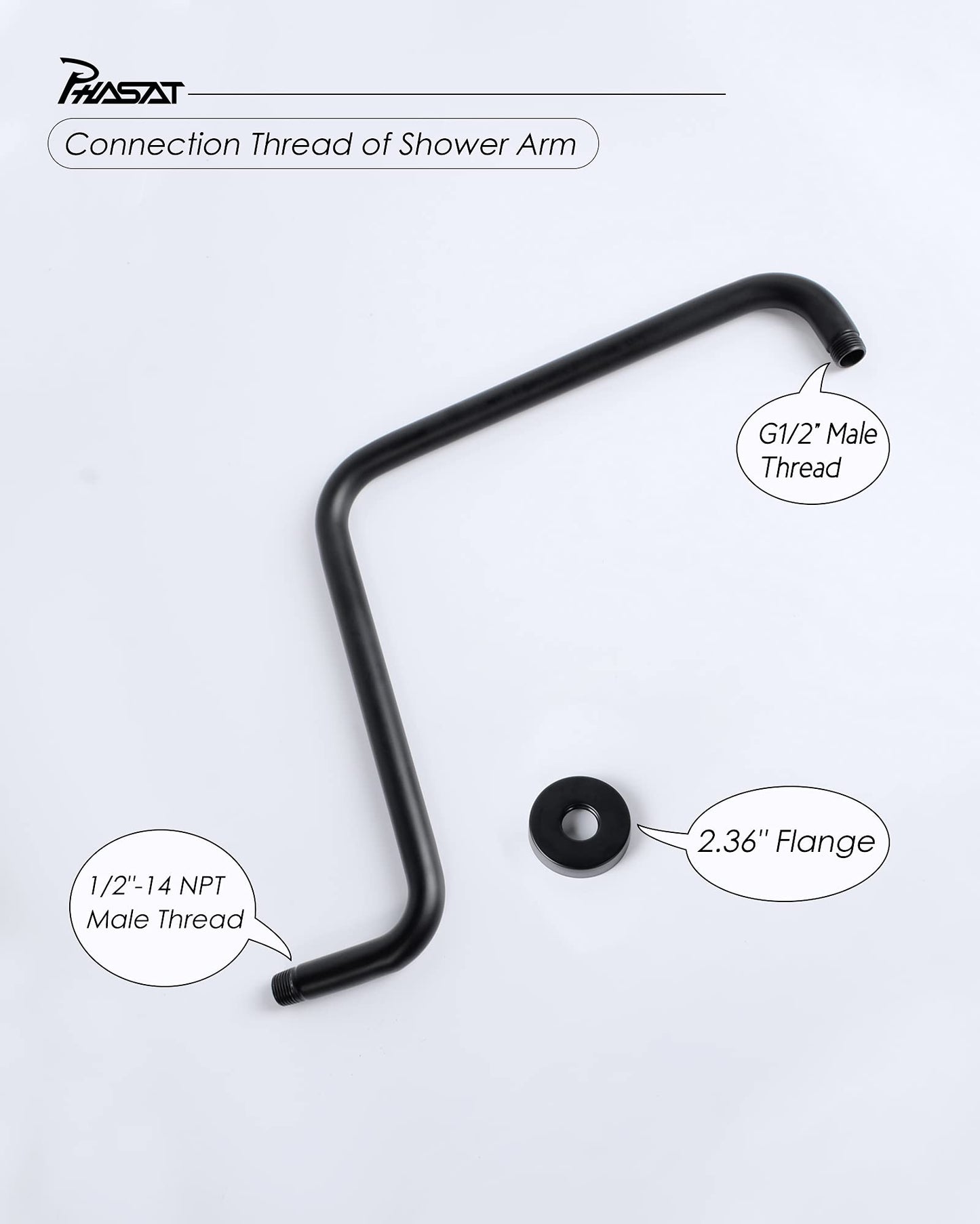 PHASAT 16 Inches Black Shower Head Arm,S Shaped Shower Arm with Flange,High Rise Shower Head Extension Matte Black,PU9H02