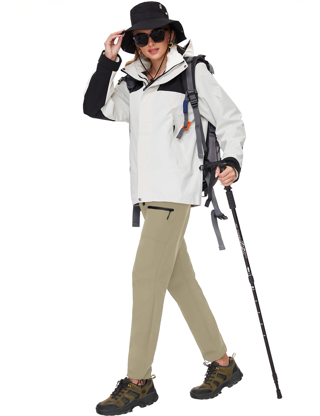 SEVEGO Womens Hiking Pants Tall Inseam 34" Athletic Cargo Pants Lightweight 4 Zipper Pockets Water Resistant Elastic Waist, Khaki, M