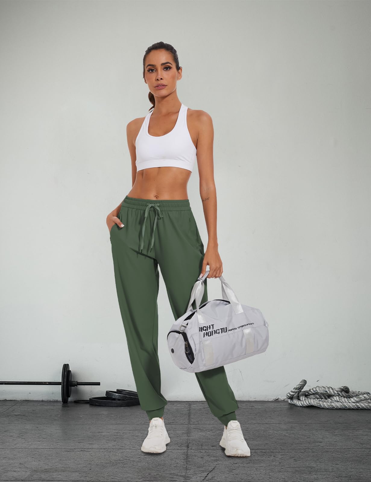 SEVEGO Women's 34" Tall Inseam Joggers Lightweight Sweatpants Zipper Pockets Athletic Workout Lounge Pants Army Green, L