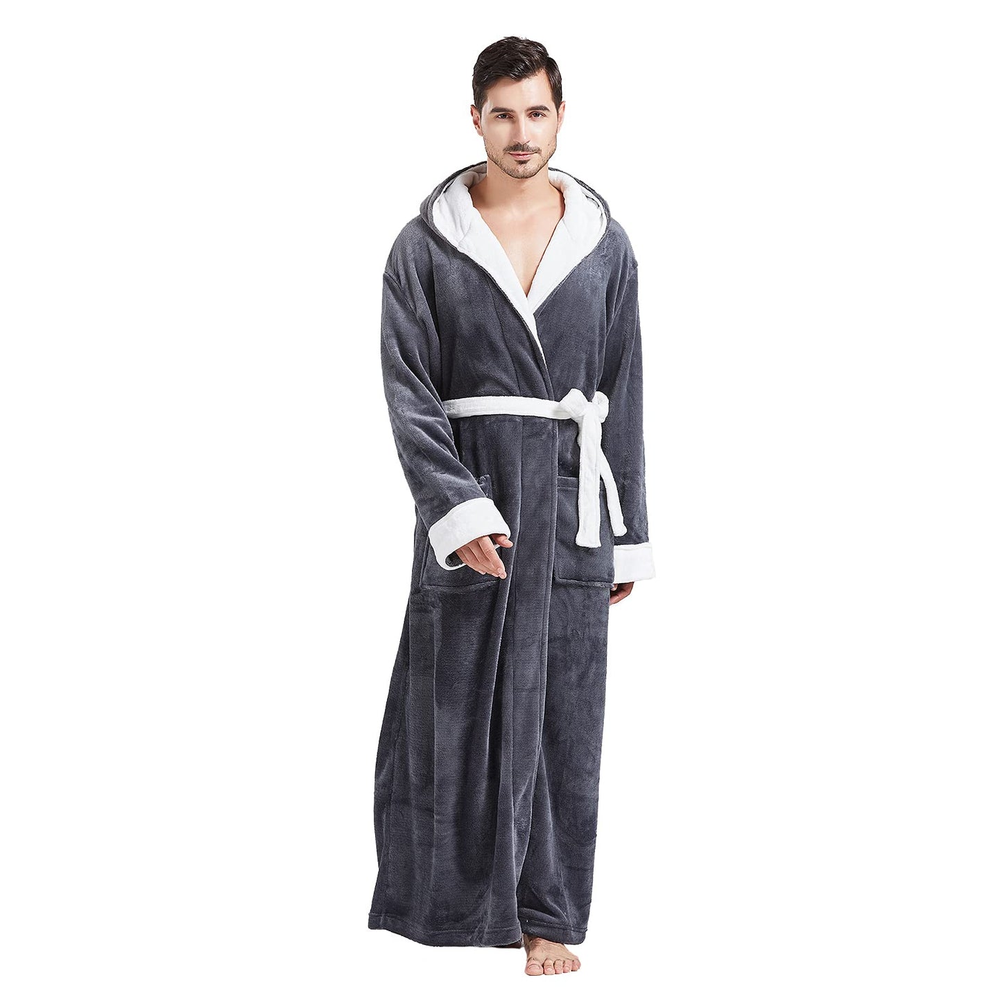 FashGudim Mens Robes Big and Tall with Hood Two-Tone Flannel Fleece Contrast Bathrobe Full Length Plush Long Robe Warm House Coat (Grey & White, L/XL)