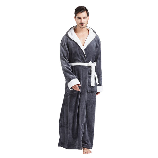 FashGudim Mens Robes Big and Tall with Hood Two-Tone Flannel Fleece Contrast Bathrobe Full Length Plush Long Robe Warm House Coat (Grey & White, L/XL)