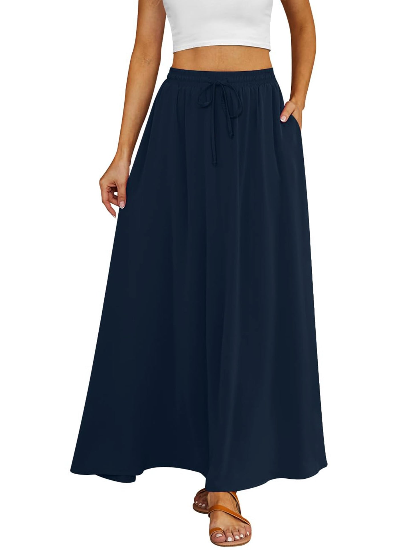 Tapata Tall Womens Flowy Maxi Skirt Extra Long High Waist Elastic Drawstring Summer Pleated Skirts with Pockets, Navy Blue, XXL