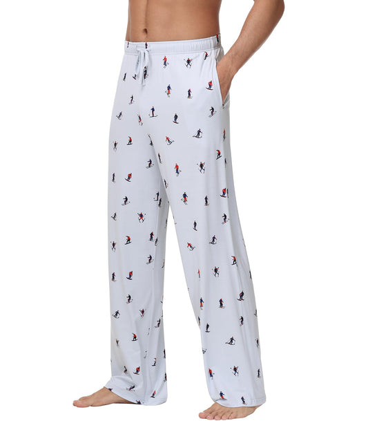 WiWi Bamboo Viscose Pajama Pants for Men Tall Sleep Bottoms Big Warm Long Pj Lightweight Lounge Sweatpants S-XXL, Skiing on Light Blue, Large