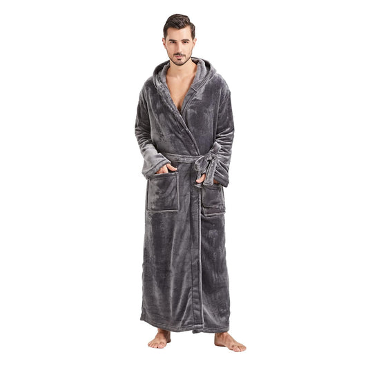 FashGudim Mens Robes Big and Tall with Hood Flannel Fleece Men Bathrobe with Hood Full Length Plush Long Robe Warm House Robe (Grey, S/M)