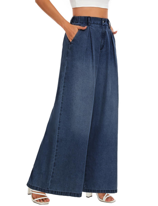 Tapata Women's 33" Inseam Tall Wide Leg Jeans High Waisted Baggy Denim Pants Palazzo Trousers, Dark Blue, S