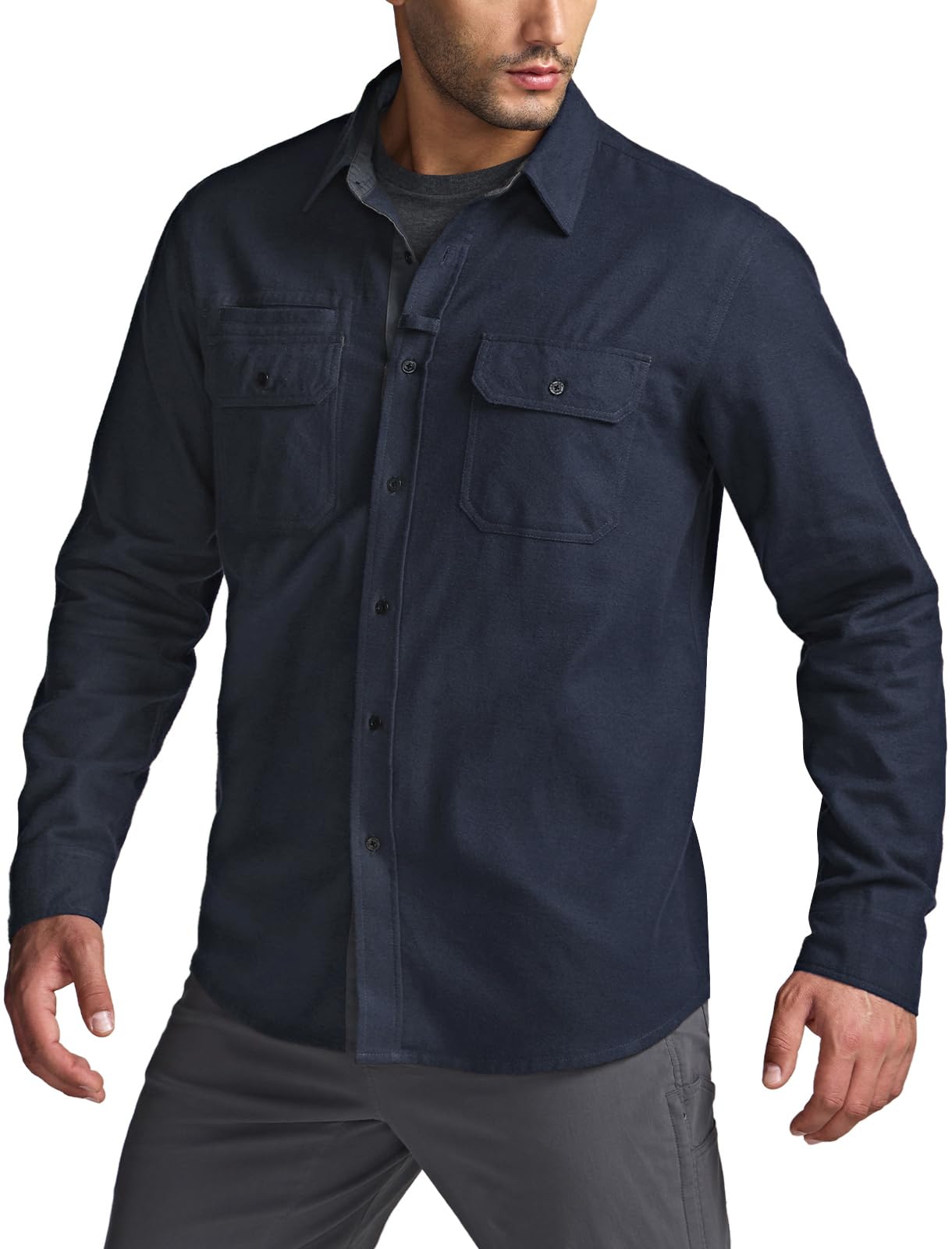 CQR Men's Flannel Button Down Shirts, Soft Cotton Plaid Long Sleeve Tactical Work Shirt, Warm Outdoor Essential with Pocket, Stealth Navy, X-Large Tall