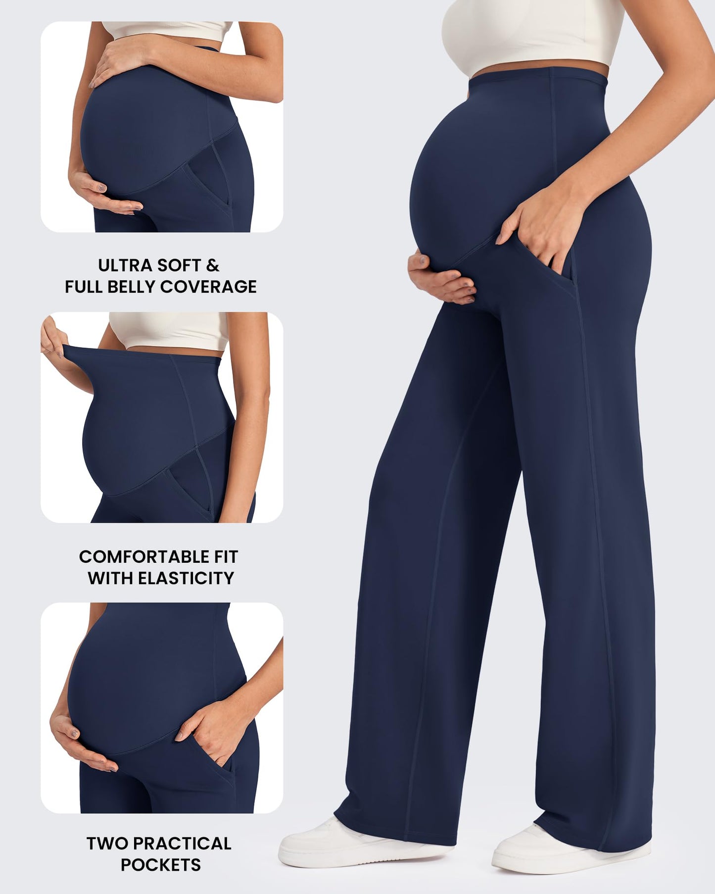 G4Free Maternity Lounge Pants with Pockets Yoga Wide Leg Pregnancy Slacks for Women Soft Stretchy for Work and Daily Wear(Royal Blue,M,34")