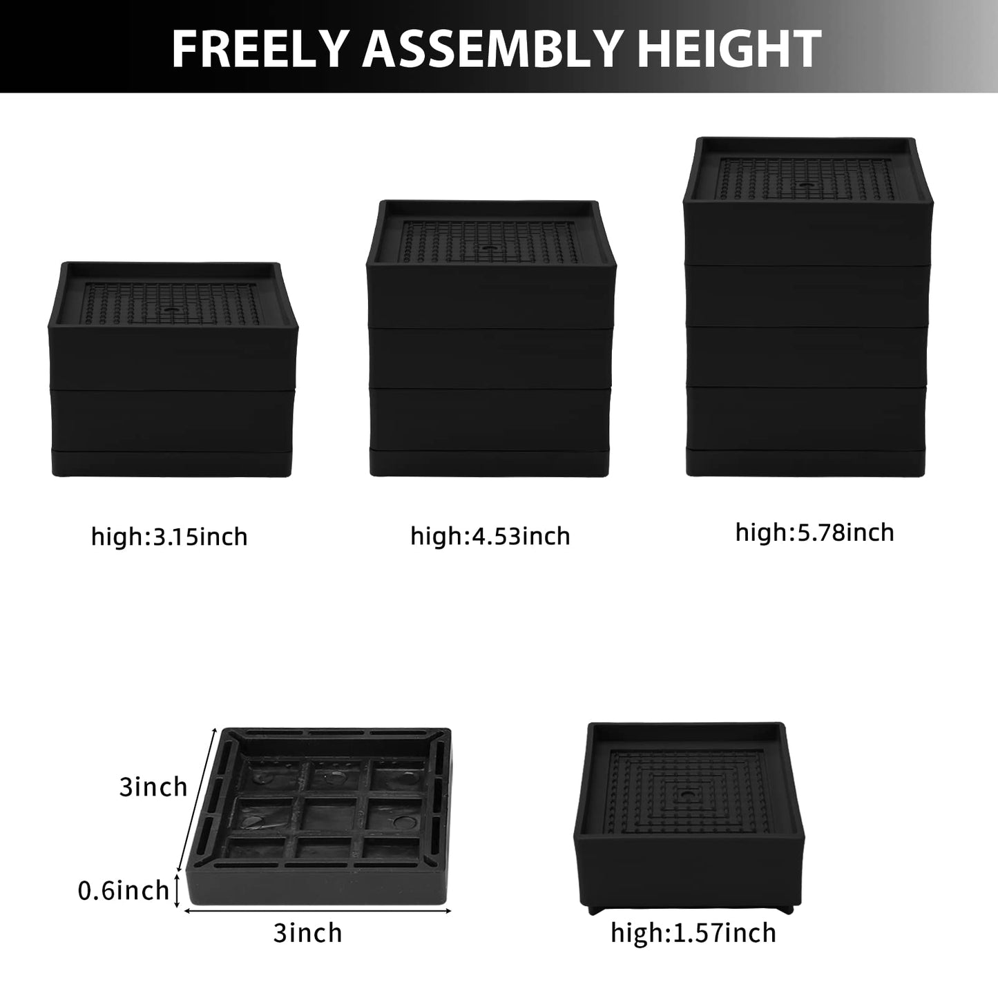 Yunnix Bed Risers 3 inch Heavy Duty Furniture Risers Adjustable Desk Risers for Desk Sofa Table Legs Risers up to 10000 lbs - (4 Piece Set, Black)