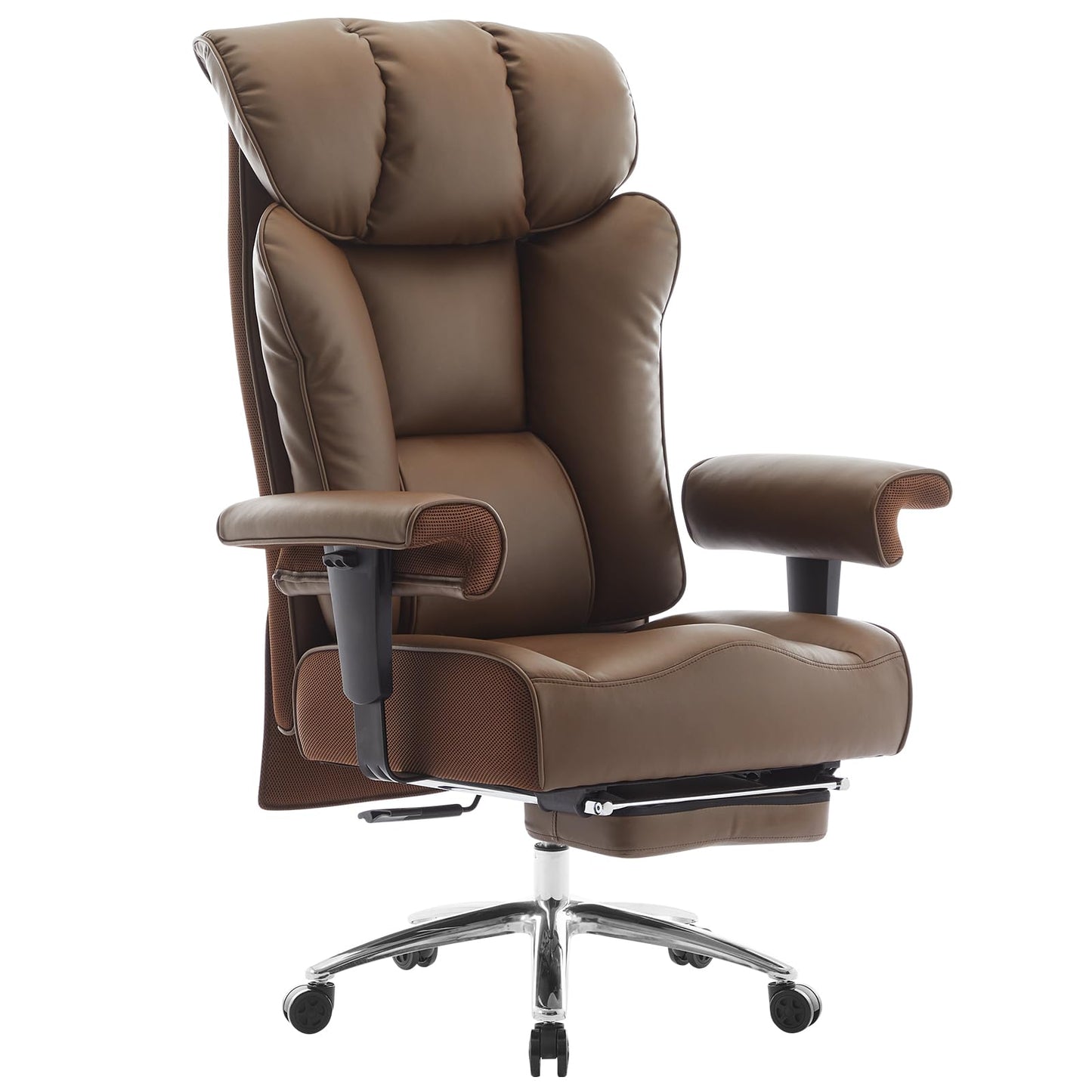 Big and Tall Ergonomic Office Chair 450LBS with Foot Rest, High Back PU Leather Executive Chair with Adjustable Padded Armrests, Lumbar Support for Home or Work, Heavy Duty Computer Chair, Brown