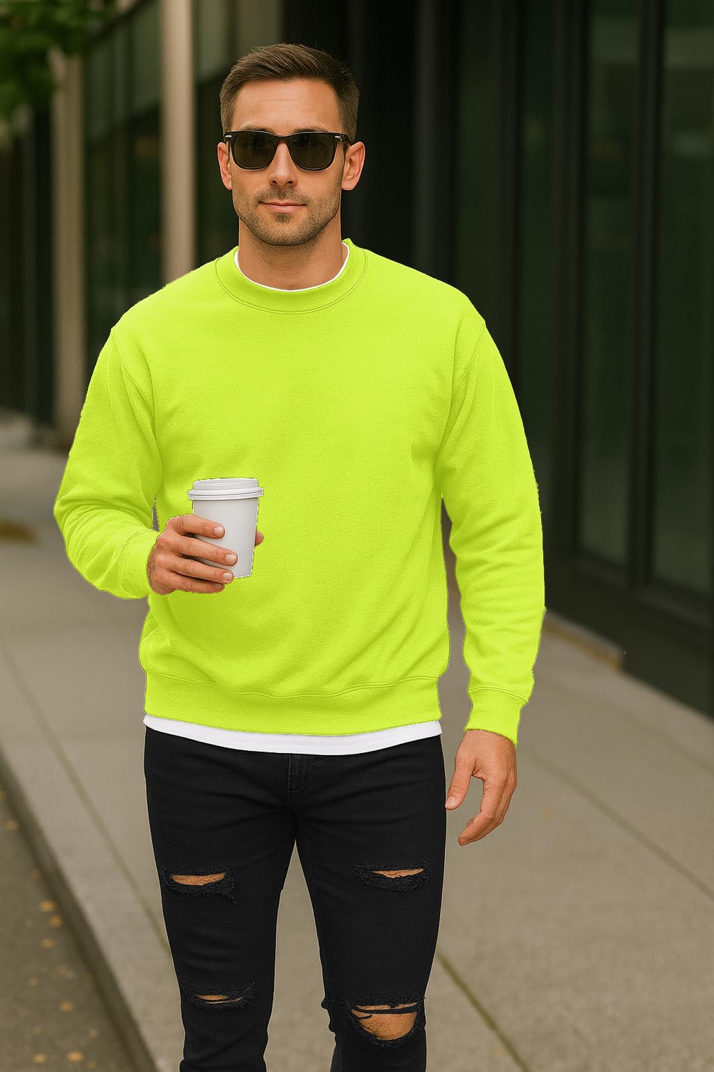 JustBlanks Fleece Sweatshirt for Men Tall Men’s Sweatshirt Crewneck Sweatshirt Relaxed-Fit Pullover Sweatshirt - Safety Green - 2XLT